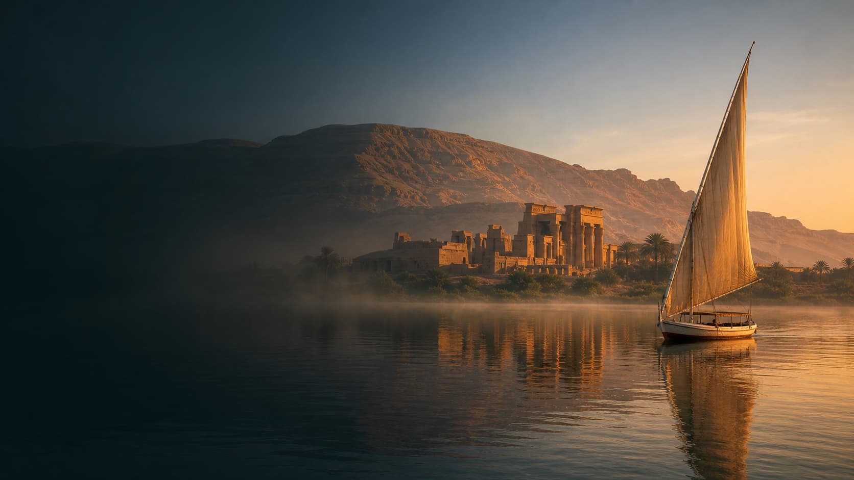 A traditional felucca sailing the Nile near ancient temples at dawn.
