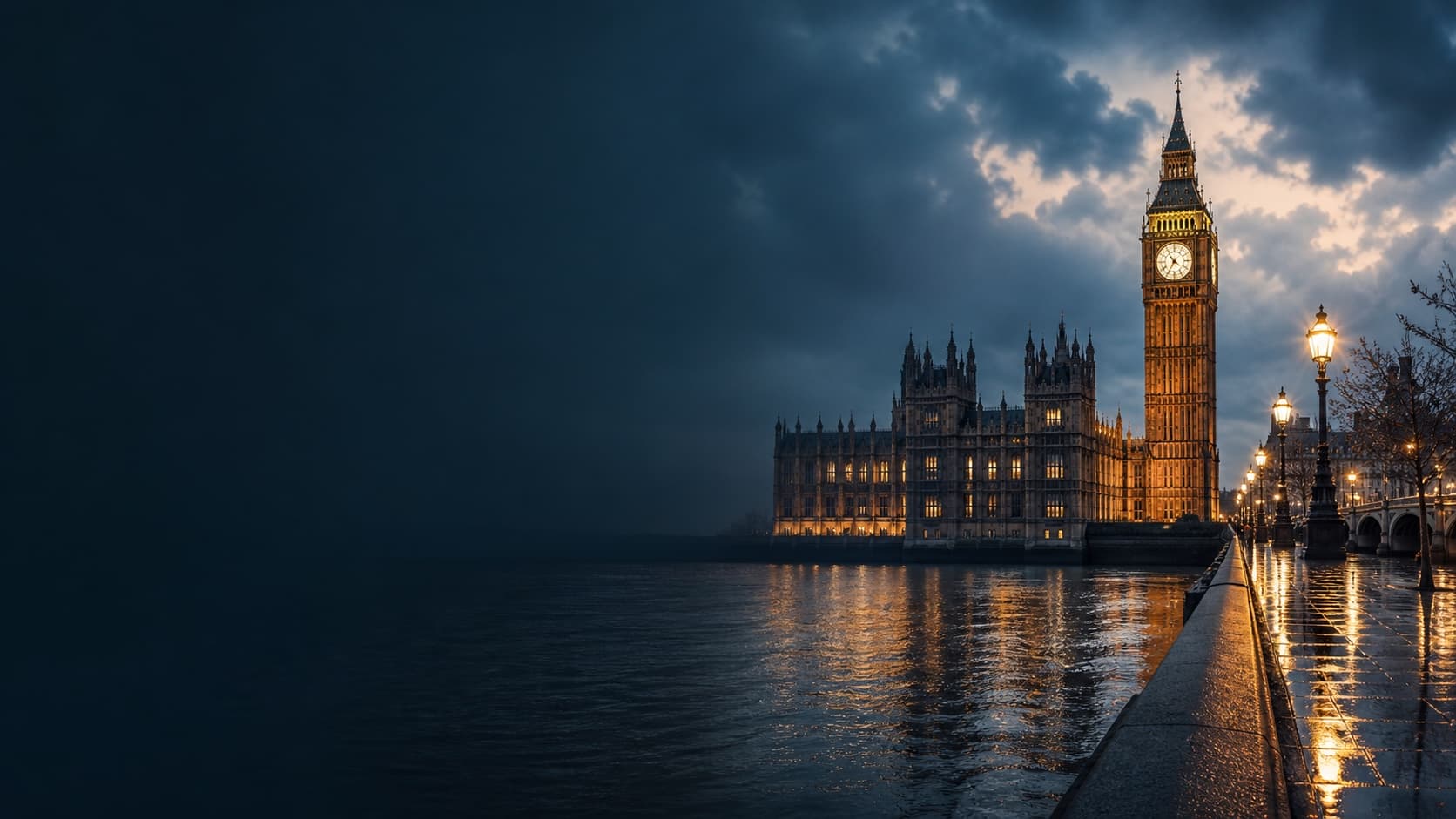 Westminster and Elizabeth Tower beside the Thames after rain.