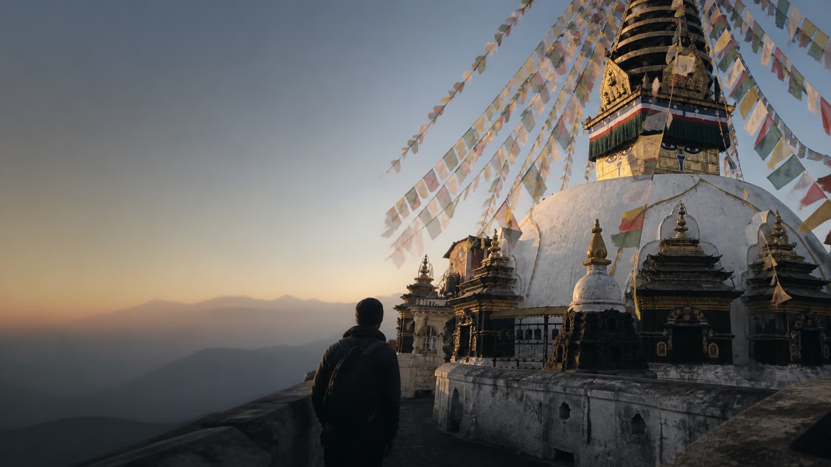 A hilltop stupa and the Himalayas in Nepal at dawn.