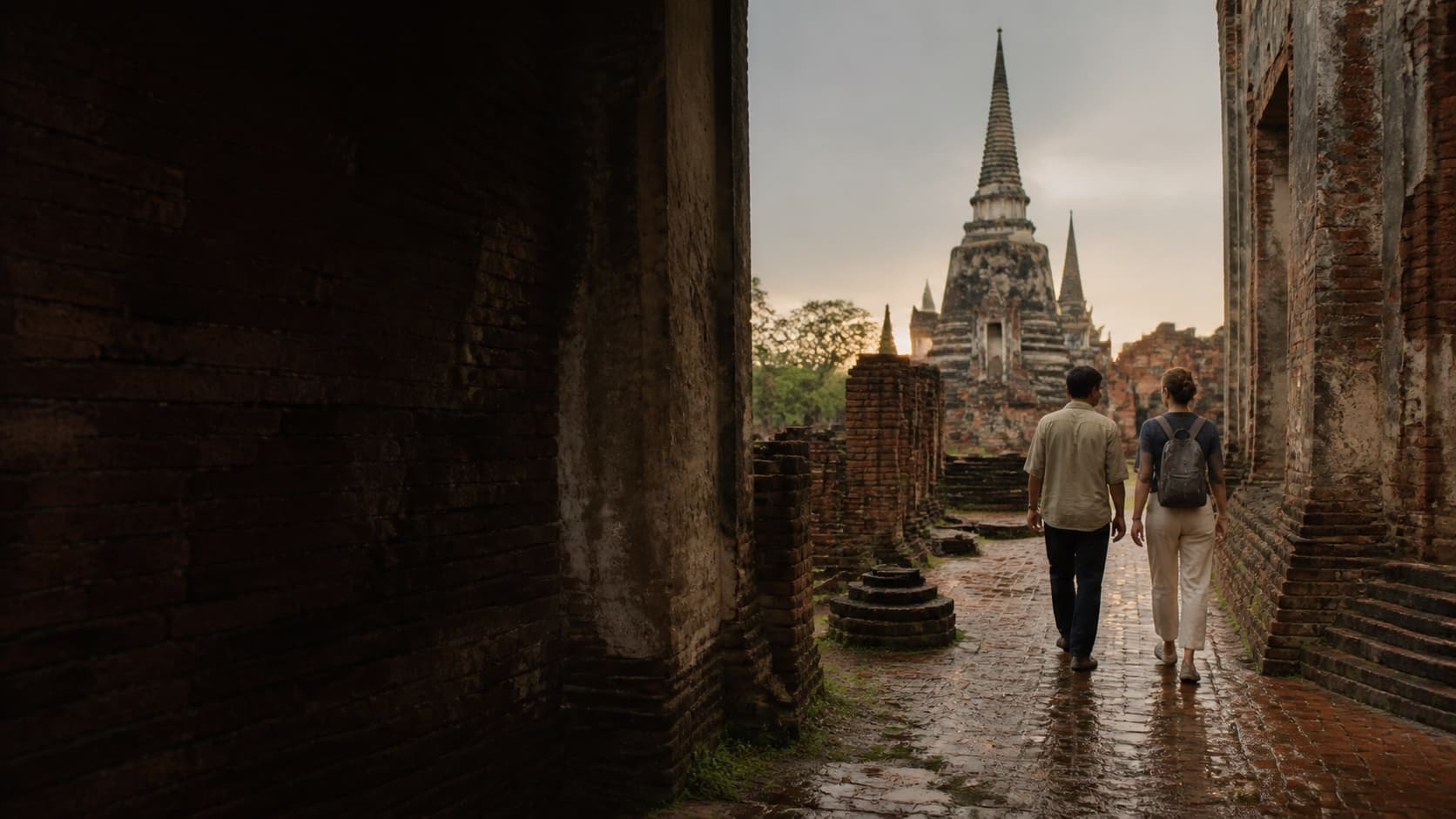 Historic brick temple ruins in Thailand after rain.